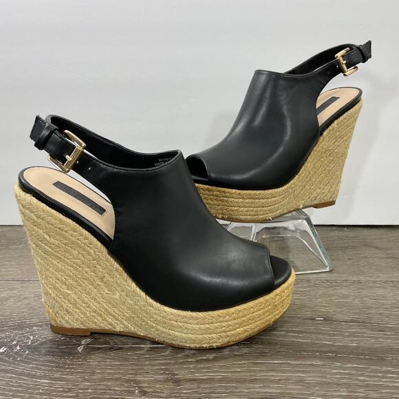 Forever 21 Wedge Sandals 7.5 Espadrille Black Faux Leather Peep Toe Ankle Strap - Picture 1 of 8